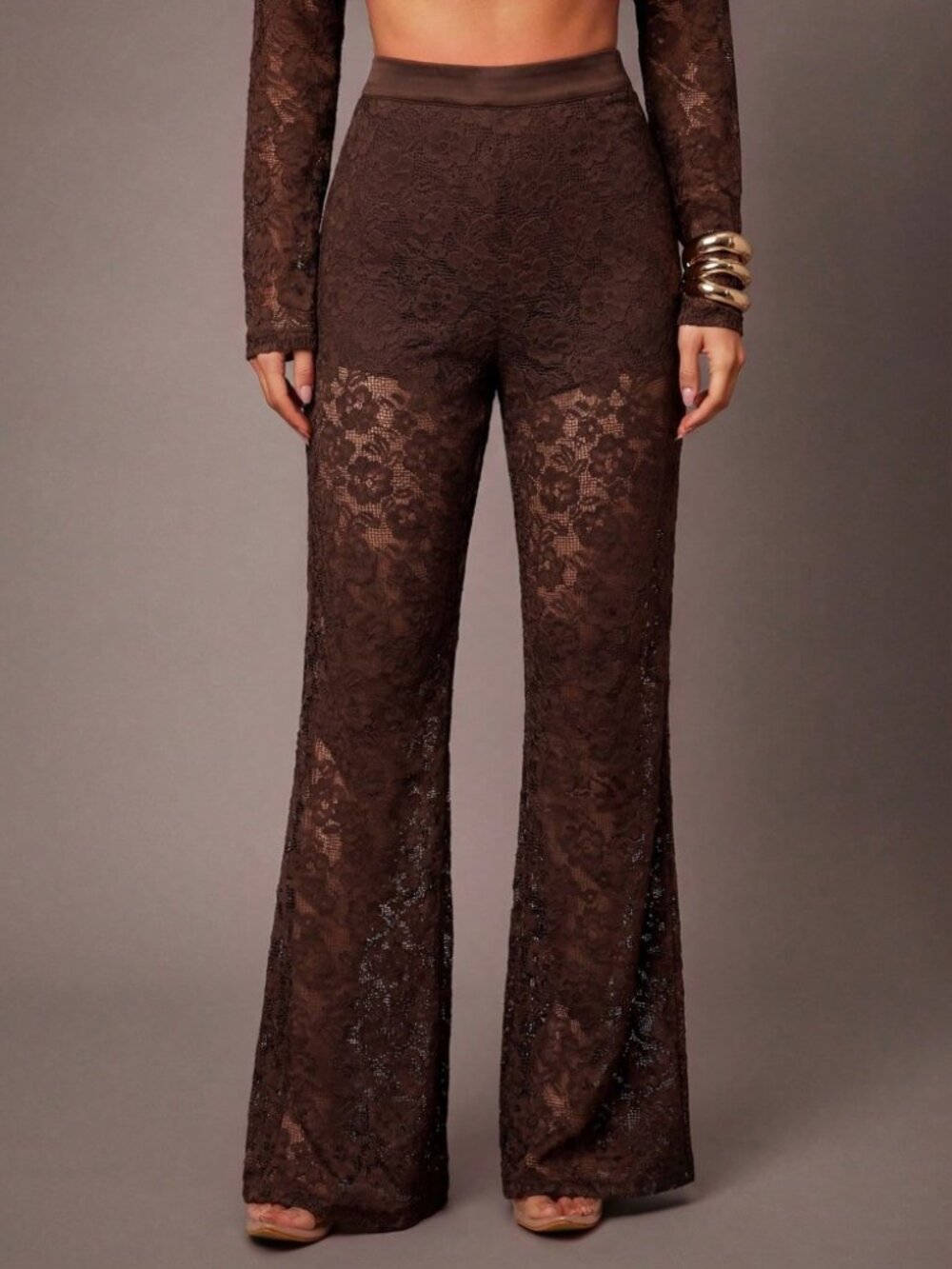 Espresso Brown Sheer Floral Lace Flare Pants